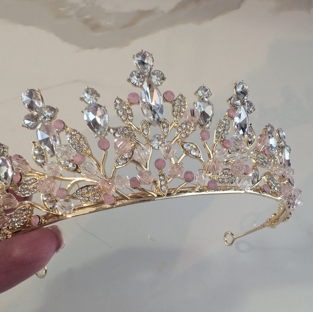 Elegant Gold and Pink Crystal Tiara - Picture 3 of 5